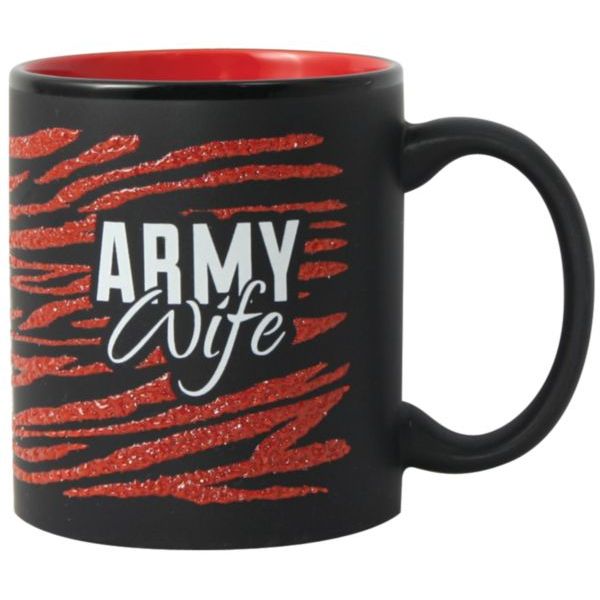Army Wife with Zebra Glitz Imprint Wrap on Black Matte with Colored Interior Ceramic Mug