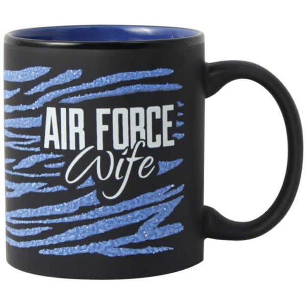 Air Force Wife with Zebra Glitz Imprint Wrap on Black Matte with Colored Interior Ceramic Mug Blue