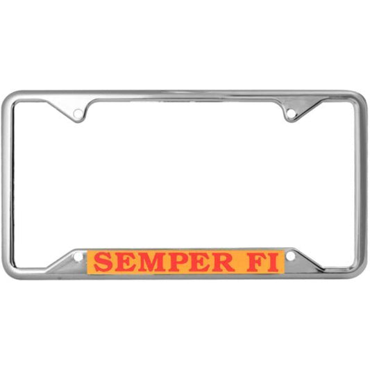 Semper Fi in Red on Gold, Chrome Simplicity Metal License Plate Frame