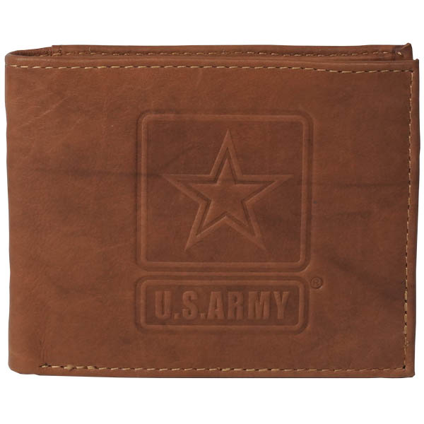 US Army Star Embossed on 100% Brown Genuine Leather Bifold Wallet