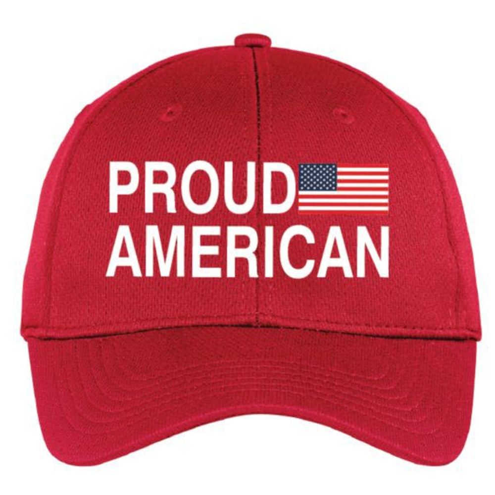 PROUD AMERICAN with USA Flag Embroidered Red Performance Ball Cap