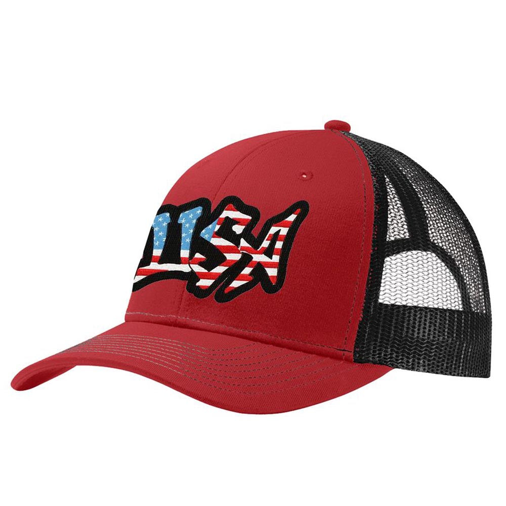 USA Graffiti Design Embroidered Red & Black Snapback Trucker Cap