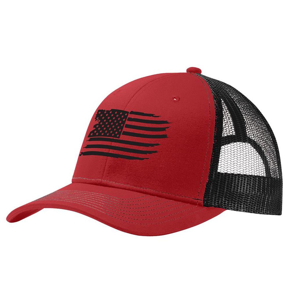 American Flag (Tattered) Embroidered Red & Black Trucker Cap