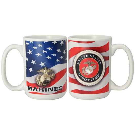 US Marine Corps Crest w/ EGA and American Flag Background on Ceramic Mug 15 oz