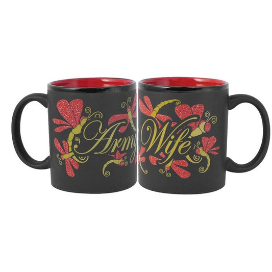 Army Wife Dragon Fly Wrap on Black Matte with Red Interior Ceramic Mug