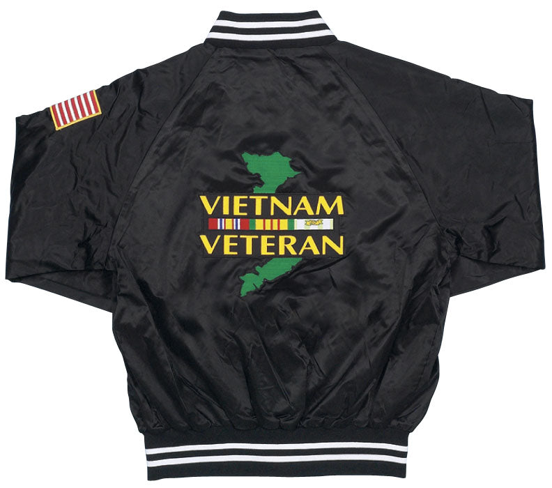 Vietnam Veteran with Country Map and Ribbon Bar Patch on Black Satin Jacket