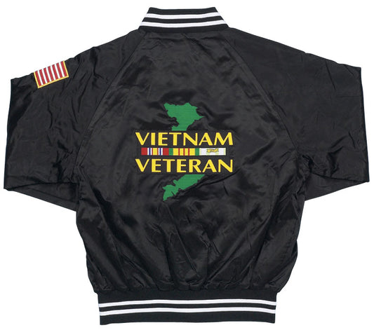 Vietnam Veteran with Country Map and Ribbon Bar Patch on Black Satin Jacket