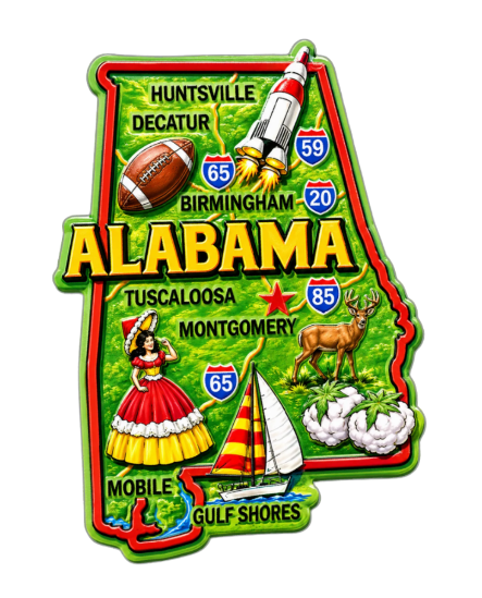 Die Cut Magnet - State of Alabama with Elements