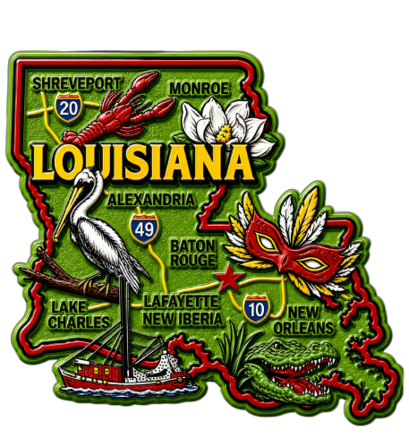 Die Cut Magnet - State of Louisian with Elements