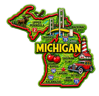 Die Cut Magnet - State of Michigan with Elements