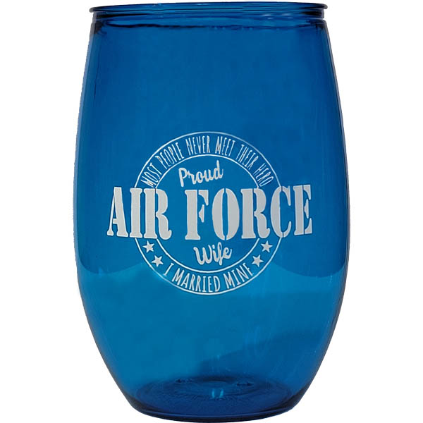 Proud Air Force Wife on Emerald Blue Stemless Wine Glass