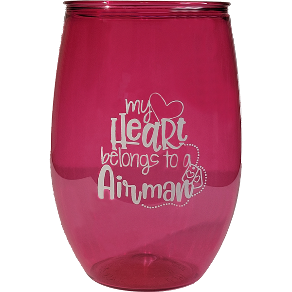 My Heart Belongs To an Airman on Pink Stemless Wine Glass