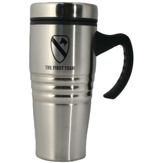 The First Team 1st Cav in Black Imprint on Stainless Tumbler with a Handle