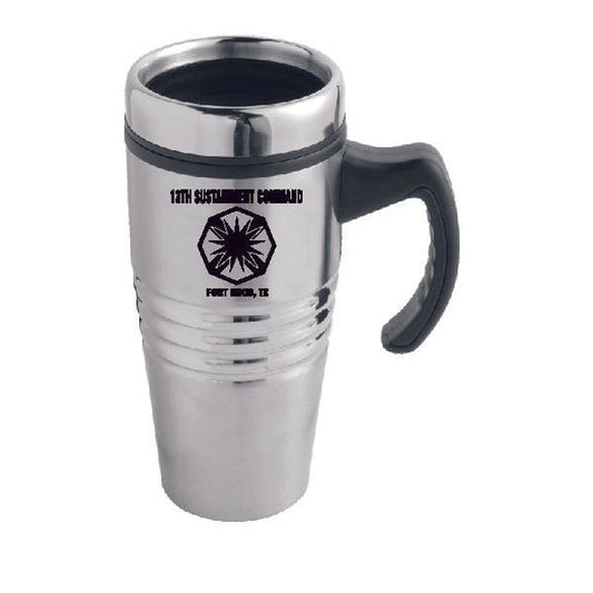 U.S. Army Ft Hood 13th Sustainment Command in Black Imprint on Stainless Tumbler with a Handle