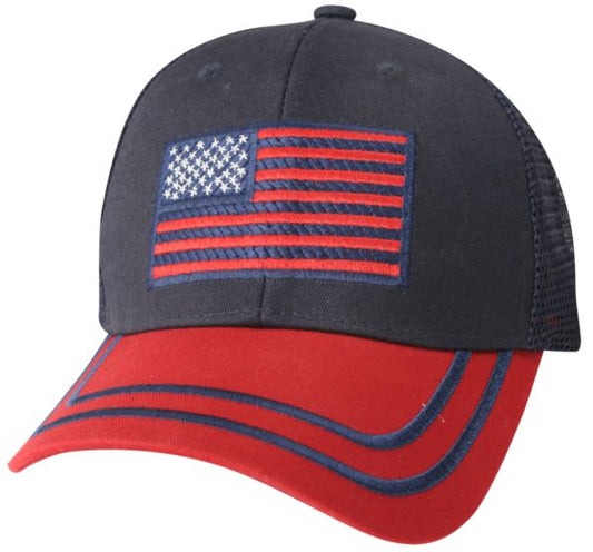 American Flag Embroidery on Blue/Red Trucker Hat