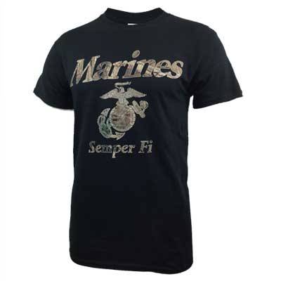 Marines Semper Fi Realtree T-Shirt printed on a black pre-washed t-shirt.