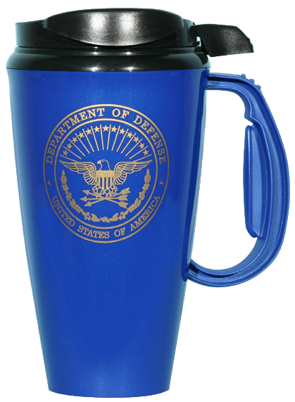 Department of Defense Crest on 16 oz. BPA Free Four Finger Comfort Handle with Thumb Side Lid