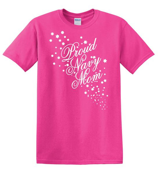 Proud Navy Mom with Starburst in White on a Pink Heliconia T Shirt