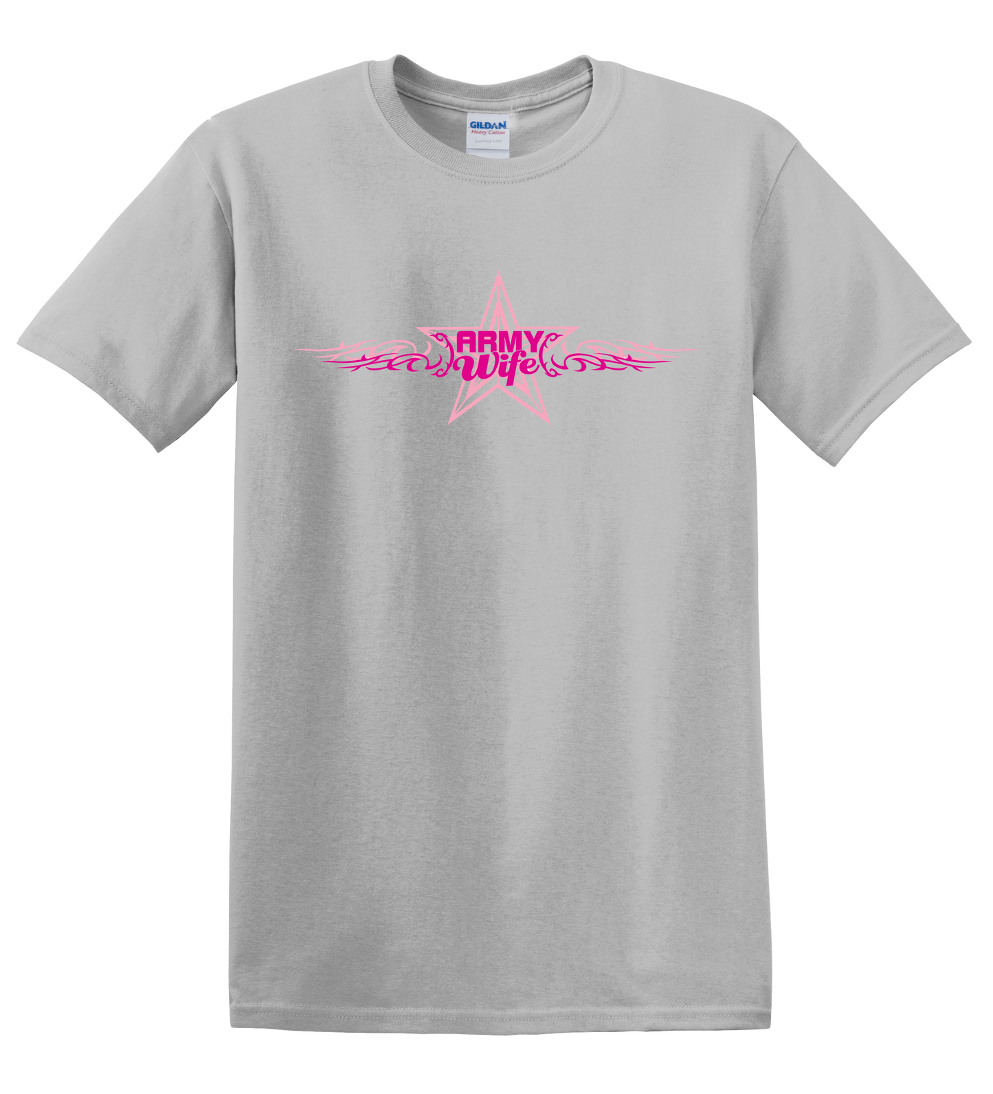 ARMY WIFE over Star Flanked with Scroll Design in PINK on Grey T Shirt