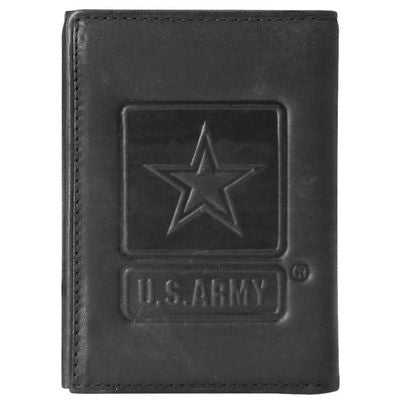 US Army Star Embossed on 100% Black Genuine Leather Trifold Wallet