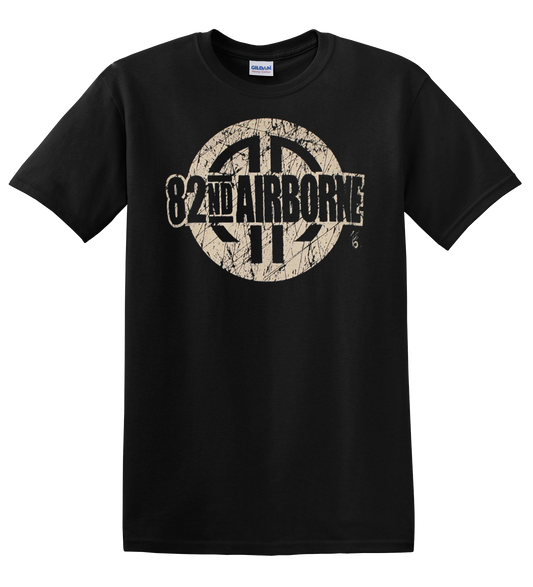 82nd Airborne Circle Design Distressed Cut Out on Black T Shirt